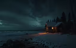 a night scene with a cabin and the ocean
