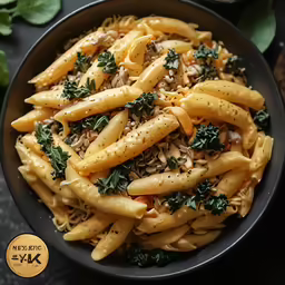 a bowl filled with pasta with green topping