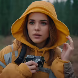 a woman in a hooded jacket holding a camera
