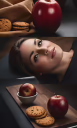 two pictures of a woman with red apples and cookies