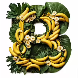 the letter s is made up of bananas, flowers and leaves