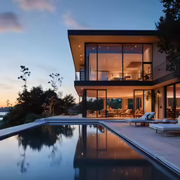 the view from inside a modern house at dusk