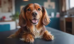 a brown dog sitting on top of a table next to a light