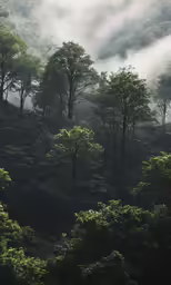 a lush green forest filled with lots of fog
