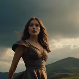 a woman stands in the grass looking upward