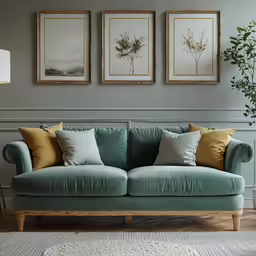 three framed images are displayed on the wall next to a blue sofa