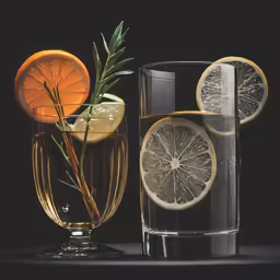 a glass of liquid next to a sliced orange