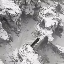 a snow covered rocky terrain has a small pond on it