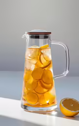 there is a pitcher filled with orange slices