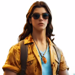 a woman is looking back while standing with sunglasses on her