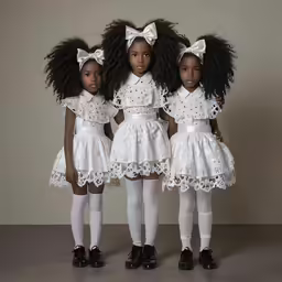 three little girls wearing matching white clothes and black boots