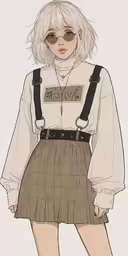 an anime girl with white hair wearing a white shirt and skirt