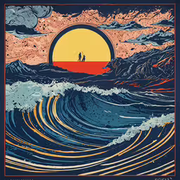 a vintage surfboarder is on the water at sunset,a painting of the sun over a surfer on an ocean wave