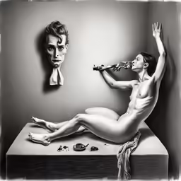 an illustration of a naked woman with an antique violin