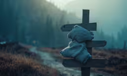 cross and a coat hanging on a wooden sign