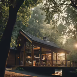 a wooden cabin in the woods with lights shining