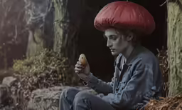 a person with a mushroom hat sitting on a rocky area