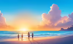 a painting of three people on a beach