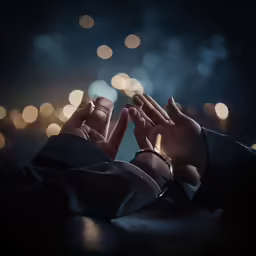 two hands holding each other in front of light