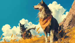 a large dog standing next to another dog in a field