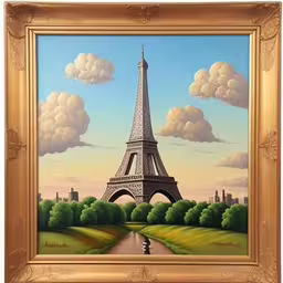 a painting of the eiffel tower in paris,a picture with a painting in it that has the eiffel tower and a person standing in front