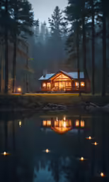 a cabin surrounded by trees on a lake