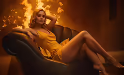 a woman in a yellow dress sitting in a chair near a fire