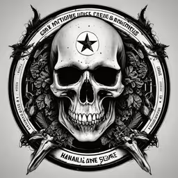 a skull with an emblem above it with two knives,the skull and two knives on top of a circle