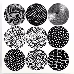 a poster that has different designs on it,six black and white circulars, each in different sizes
