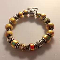 a bracelet that has a small bead and red and yellow stone beads on it,a silver and gold bracelet with beads on a table