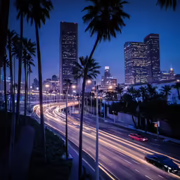 a night view of a city with palm trees