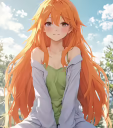 the girl with long orange hair sitting down