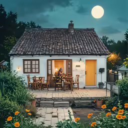a small white house with a porch with yellow flowers