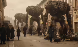 a crowd of people walk down a street with giant metal animals