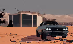 a cartoon style car driving on sand next to a building,an old muscle car in a desert setting
