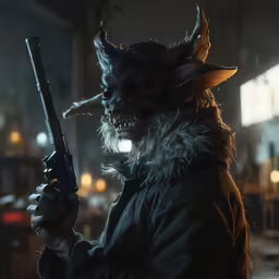 a creature wearing a coat and hat holding a gun