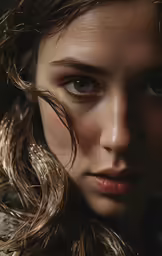 a beautiful lady with brown hair is looking at the camera