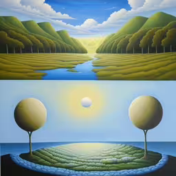 two images one of grass field, the other of a body of water,the paintings show different stages of being together,two paintings depicting a surreal landscape and a surreal lake,a painting of a river with two trees, an island, and a distant mountain range,a painting with two different trees in it