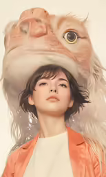 the girl in orange is wearing a hat that looks like an owl