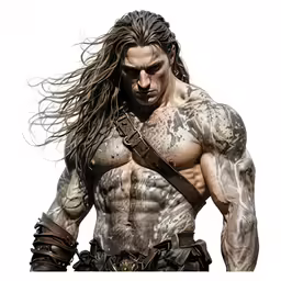 a man with long hair and no shirt on in watercolor