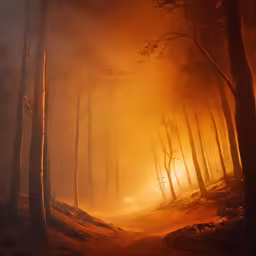 a wooded trail covered in yellow haze and smog