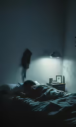 a person laying on a bed in a bedroom