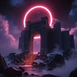 an arch leading out to a portal into the night sky