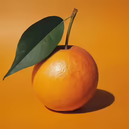 a picture of an orange with a leaf sticking out of it