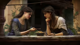 two women seated at a table eating a meal,two women in renaissance costumes at a table eating a meal