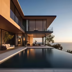 a pool with a lounge area and open balcony