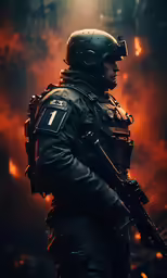 a man wearing a helmet standing in front of flames