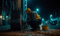 a man in construction gear is leaning against a building