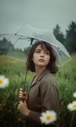 a young girl with an umbrella standing in a field