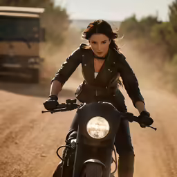 a woman riding a motorcycle down a dirt road